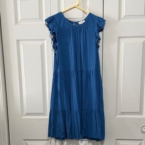 LOFT Blue Midi Dress with Ruffle Sleeves, Small